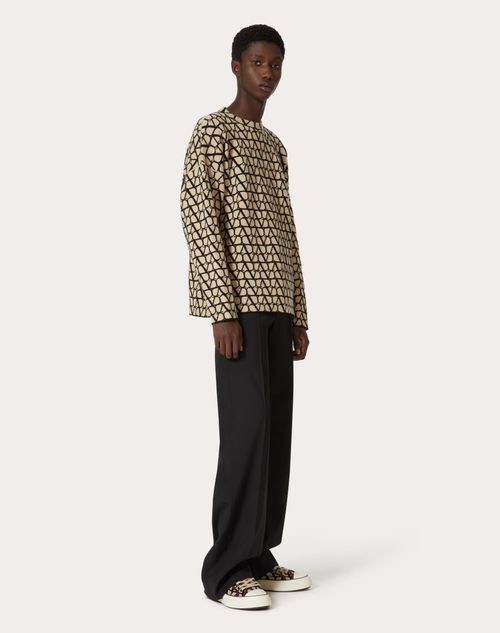 Valentino - Wool Crewneck Jumper With Toile Iconographe Pattern - Beige/black - Man - Knitwear