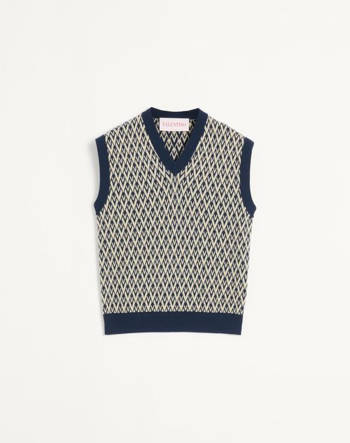 Valentino - Wool Vest With Toute La V Jacquard Pattern - Navy/cream - Man - Knitwear