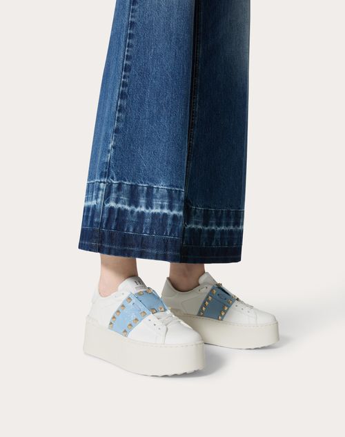 Flatform Rockstud Untitled Sneaker In Calfskin With Naplack Band for Woman in White popeline Blue Valentino ZA