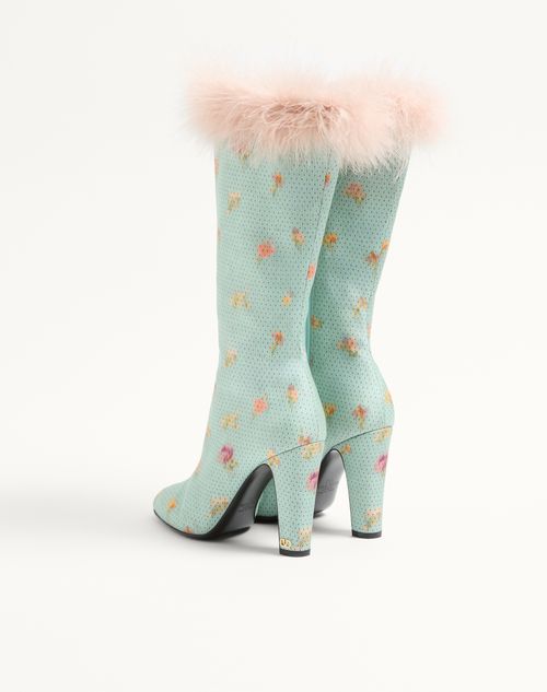 Valentino Garavani - Hotty Boot In Chiné Fabric With Floral And Polka-dot Pattern And Feathers 100mm - Sky Blue - Woman - Boots And Ankle Boots