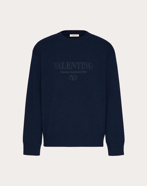 Valentino - Crewneck Wool Sweater With Valentino Embroidery - Navy - Man - Shelf - Mrtw - Wardrobing & Vlogo Sign