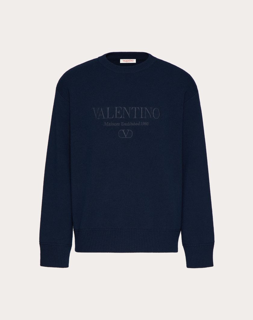 Valentino Handbags Maglione Girocollo In Lana Con Ricamo Valentino per Uomo in Navy | Valentino IT