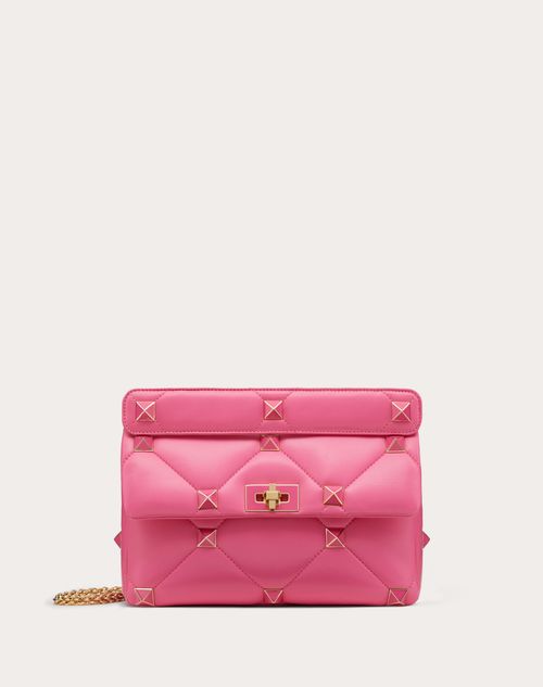 Valentino Garavani - Large Roman Stud The Shoulder Bag In Nappa With Chain And Enameled Studs - Pink - Woman - Shoulder Bags