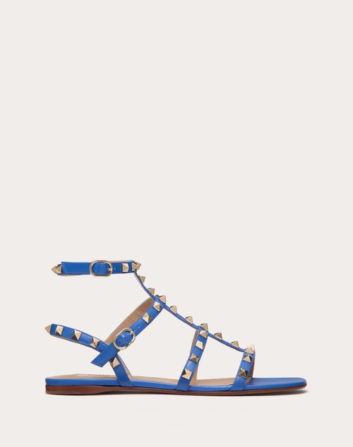 Valentino Garavani - Rockstud Flat Calfskin Sandal With Straps - Cobalt - Woman - Sandals