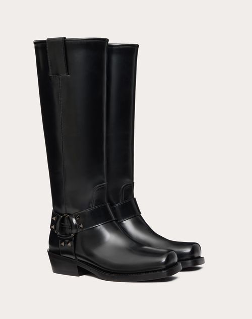 Valentino Garavani - Rockstud Calfskin Biker Boot 40mm - Black - Woman - Boots