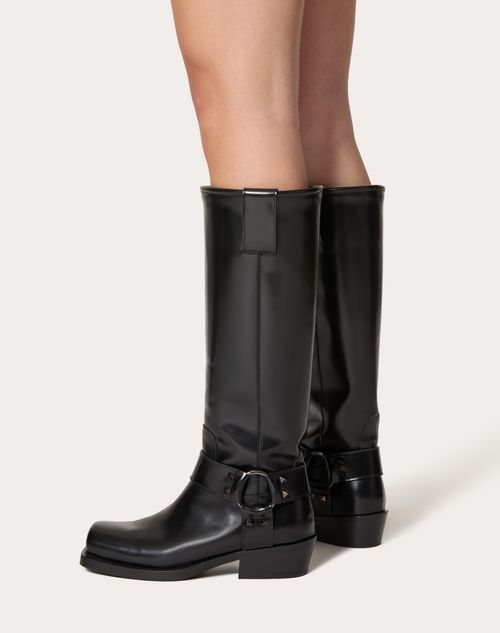 Valentino Garavani Black Leather Biker Rockstud Boots