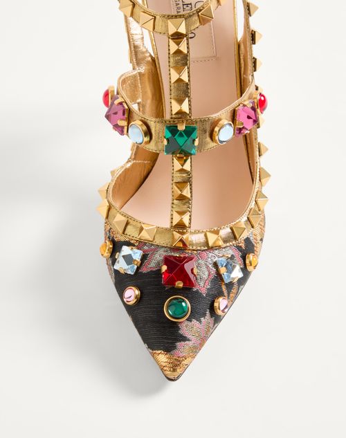 Valentino Garavani - Rockstud Pumps With Straps In Jacquard Apres L'hiver Fabric With Crystals 100mm - Gold - Woman - Pumps