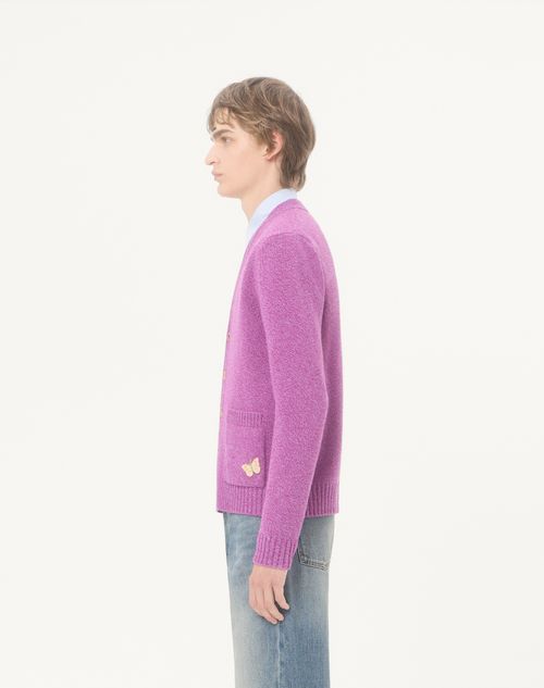 Valentino - Cardigan Valentino In Lana Mouliné Con Patch Farfalla Ricamata - Viola - Uomo - Maglieria