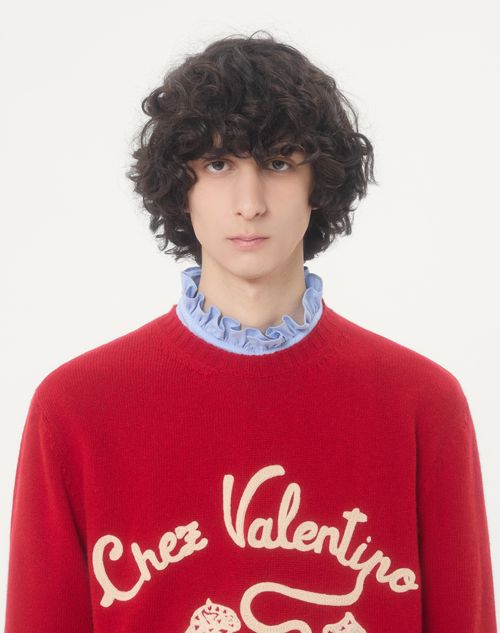 Valentino - Valentino Wool Sweater With Chez Valentino & Panther Embroidery - Red - Man - Knitwear