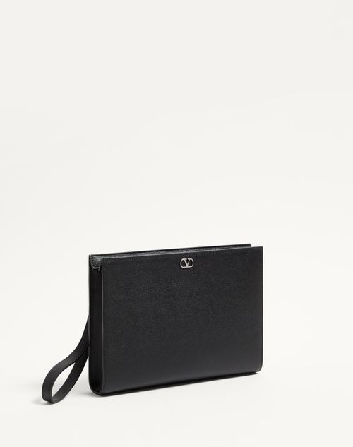 Valentino Garavani - Valentino Garavani Vlogo Signature Grainy Calfskin Pouch - Black - Man - Bags