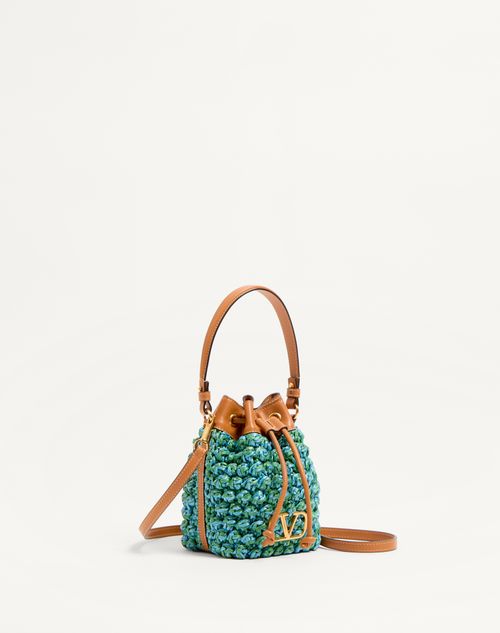 Valentino Garavani - Vlogo Signature Mini Bucket Bag In Synthetic Raffia Crochet - Green/azure/camel - Woman - Summer Totes - Bags (vlogo Totes/signature)