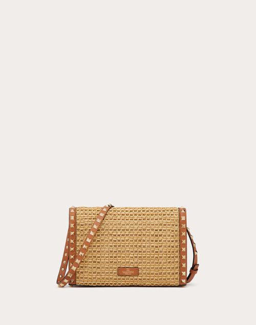 Small Rockstud Shoulder Bag In Woven Raffia for Woman in Natural/almond ...