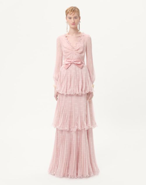 Valentino - Long Dress In Creponne Chiffon With Plus De Pois Print - Rose/ivory - Woman - Ready To Wear