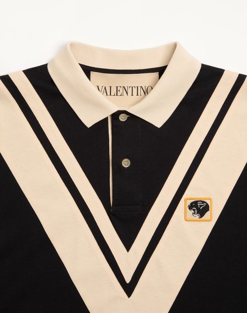Valentino - Valentino Cotton Polo With Inlaid V And Embroidered Panther Patch - Black/butter - Man - T-shirts And Sweatshirts