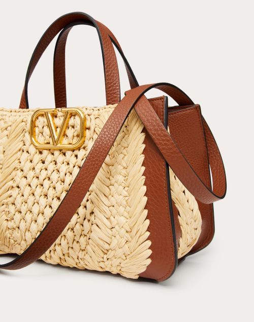 V Logo Signature Raffia Effect Tote Bag in Beige - Valentino