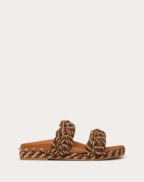 Valentino Garavani - Flat Rockstud Silk Rope Slide Sandal - Light Brown - Woman - Shoes