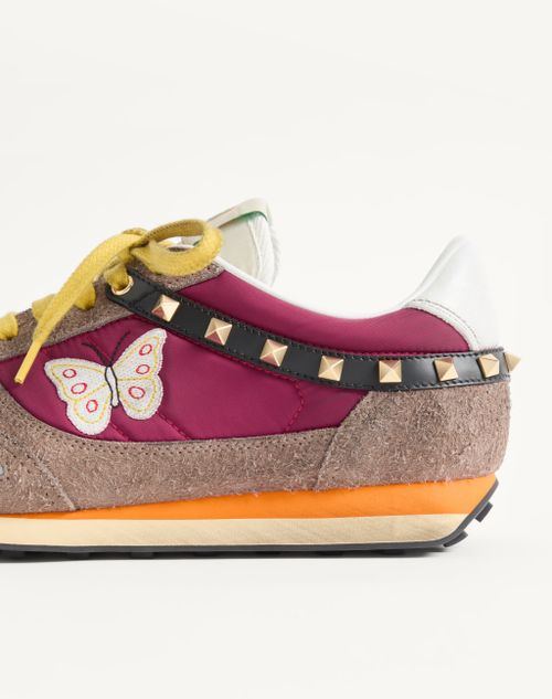 Valentino Garavani - Stud Up Sneaker In Split Leather And Nylon With Butterfly Embroidery - Insolent/multicolour - Man - Sneakers