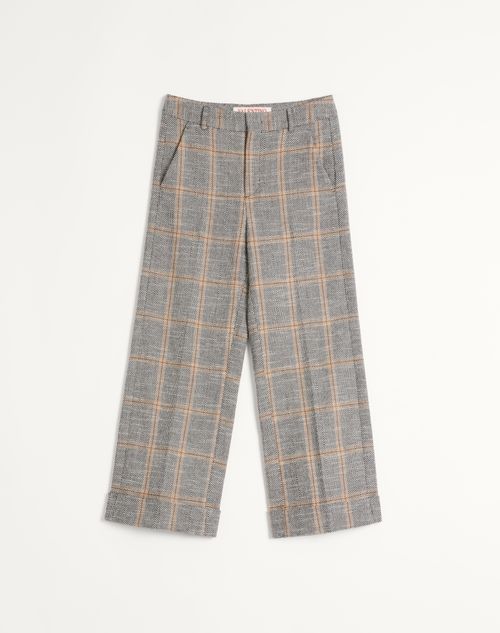 Valentino - Wool Blend Trousers With Turn-up With Check Pattern - Ivory/camel/black - Man - Trousers And Shorts