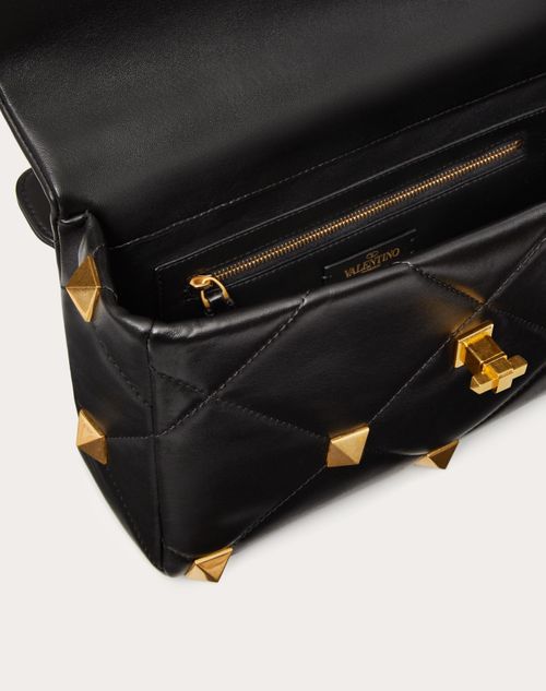 Valentino Garavani Large Roman Stud Inlay Leather Shoulder Bag In Black,ivory