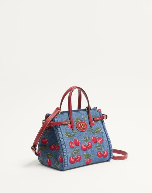 Valentino Garavani - Valentino Garavani Antibes Small Denim Shopping Bag With Cherryfic Embroidery - Denim/multicolour - Woman - Totes