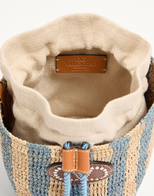 Valentino Garavani - Valentino Garavani Small Striped Raffia Bucket Bag - Natural/azure - Woman - Shoulder Bags