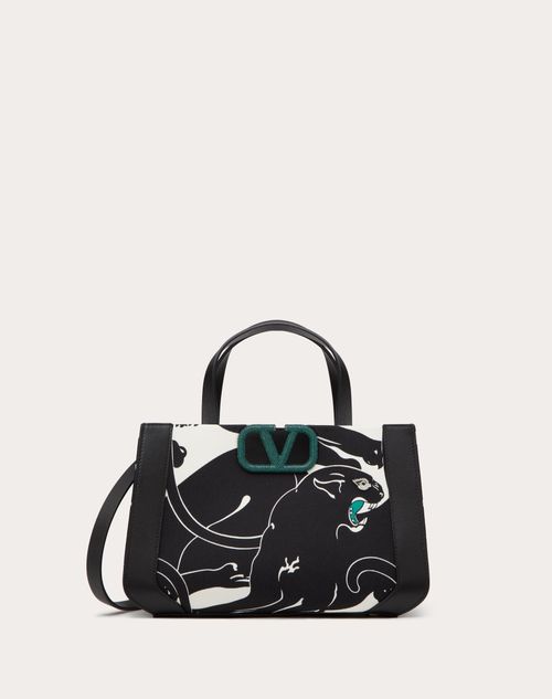 Valentino Garavani - Valentino Garavani Escape Small Canvas Handbag With Panther Print - Black/white/green - Woman - Totes