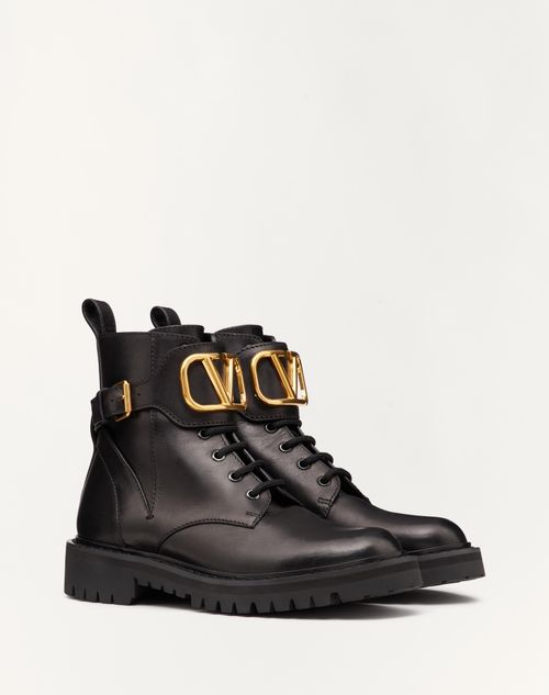 Valentino Garavani - Botas Tipo Militar Vlogo Signature De Piel De Becerro Con Tacón De 35 mm - Negro - Mujer - Botas