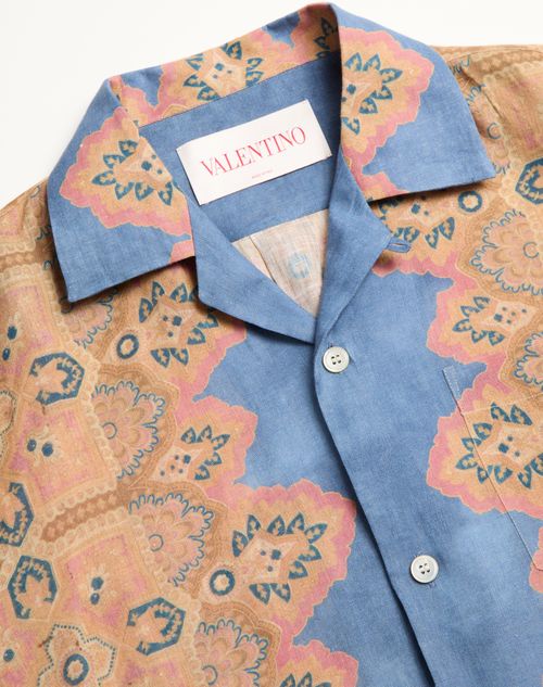 Valentino - Linen Bowling Shirt With Voyage Imaginaire Print - Azure/beige/pink - Man - Man Ready To Wear Sale
