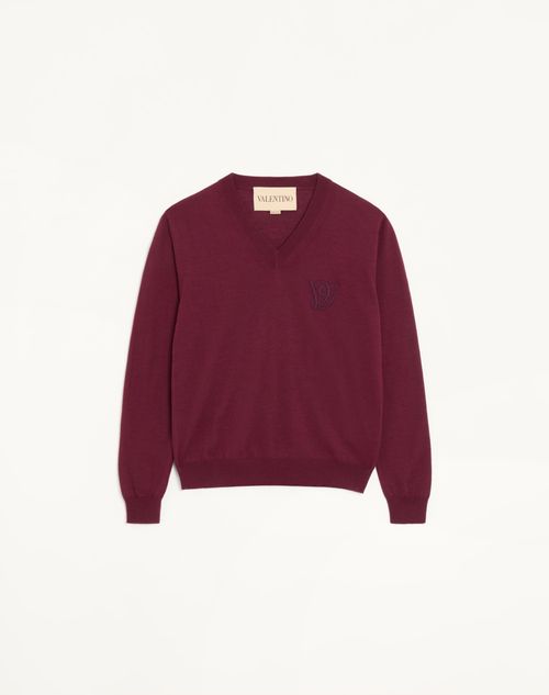 Valentino - Valentino V-neck Sweater In Wool With Vg Embroidery - Maroon - Man - Knitwear