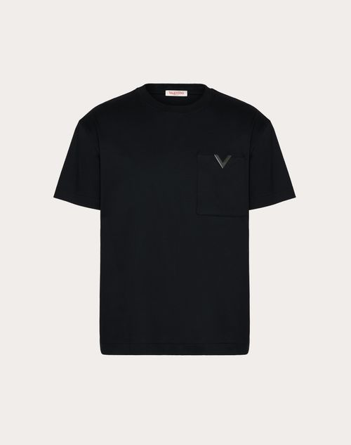 Valentino - T-shirt En Coton Avec Élément V En Métal - Noir - Homme - Prêt-à-porter