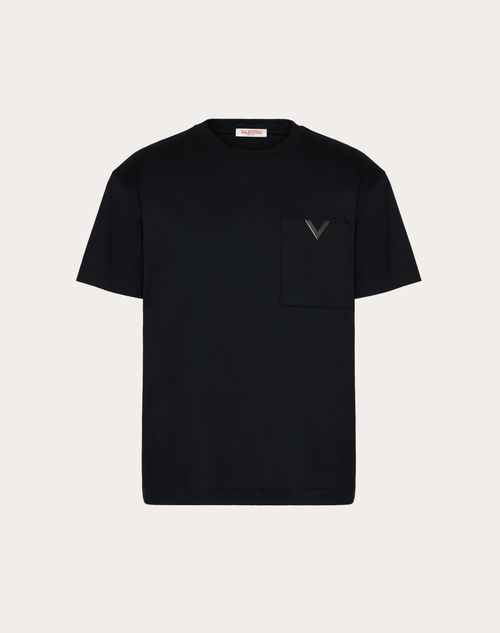 Valentino - Cotton T-shirt With Metallic V Detail - Black - Man - Shelf - Mrtw - Casual Attitude