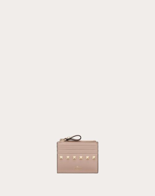 Valentino Garavani - Rockstud Calfskin Cardholder With Zipper - Poudre - Woman - Wallets And Small Leather Goods