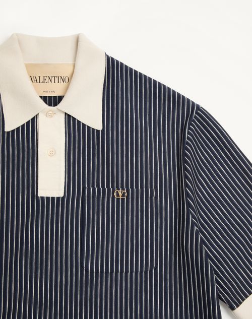 Valentino - Valentino Viscose T-shirt With Striped Vlogo Embroidery - Navy/butter - Man - T-shirts And Sweatshirts