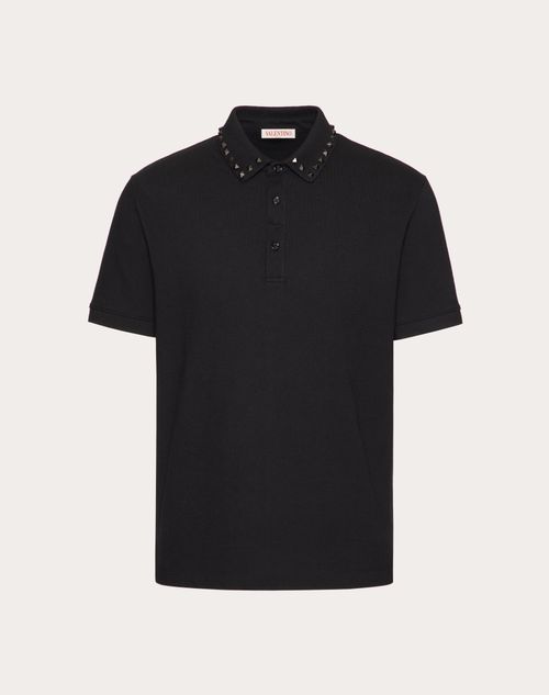 Valentino - Cotton Piqué Polo Shirt With Black Untitled Studs - Black - Man - T-shirts And Sweatshirts