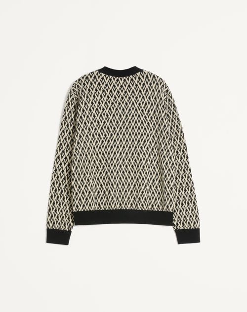 Valentino - Crewneck Wool Sweater With Toute La V Jacquard Pattern - Black/cream - Man - Knitwear