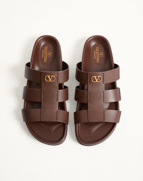 Valentino Garavani - Studshield Slide Sandal In Calfskin - Bark Brown - Man - Sandals And Slides