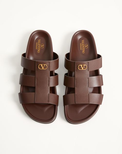 Valentino Garavani - Studshield Slide Sandal In Calfskin - Bark Brown - Man - Sandals