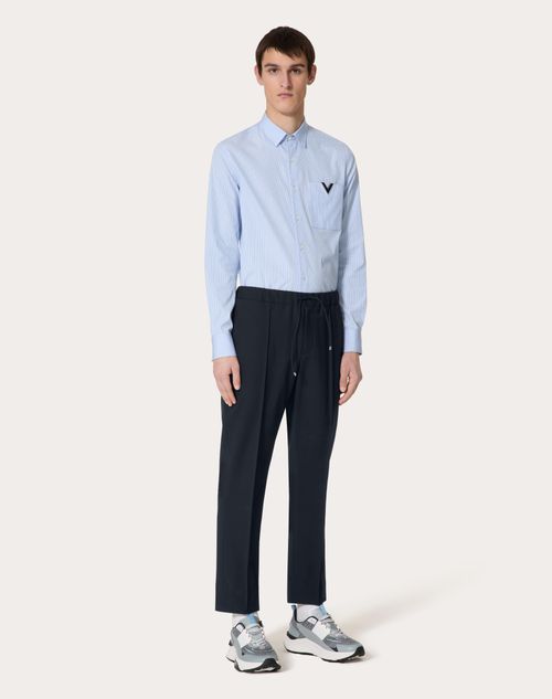 Valentino - Cotton Poplin Shirt With Metallic V Detail - Azure - Man - Shirts