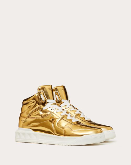 Valentino Garavani - One Stud Mid-top Sneaker In Mirror-finish Synthetic Fabric - Antique Brass - Man - Man Shoes Sale