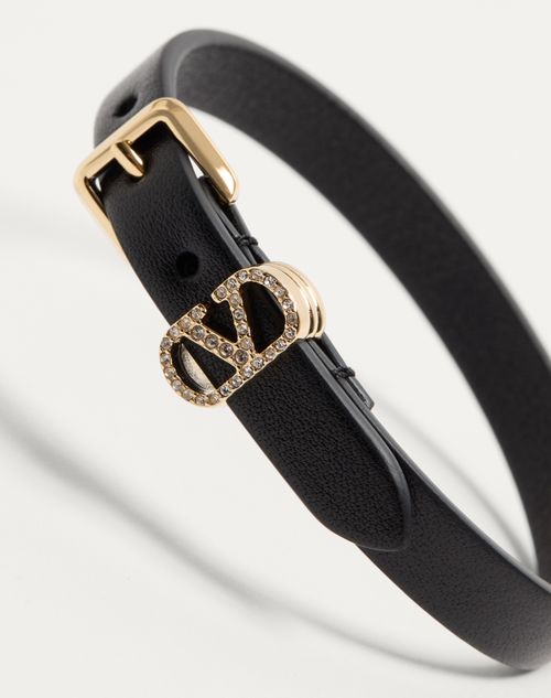 Valentino Garavani - Valentino Ovalette Bracelet In Leather And Swarovski® Crystals - Black - Woman - Jewellery