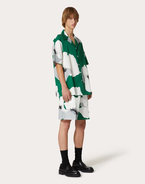 Valentino - Cotton Poplin Bowling Shirt With Valentino Flower Portrait Print - Emerald/white - Man - Ready To Wear