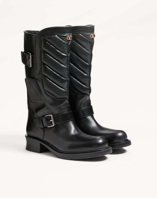Valentino Garavani - Rayons Biker Boot In Calfskin And Nappa Leather With Chevron Pattern 40mm - Black - Woman - Boots And Ankle Boots