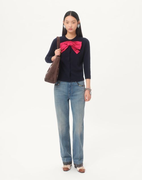 Valentino - Cárdigan Con Moño - Azul Marino / Rojo - Mujer - Prendas De Punto