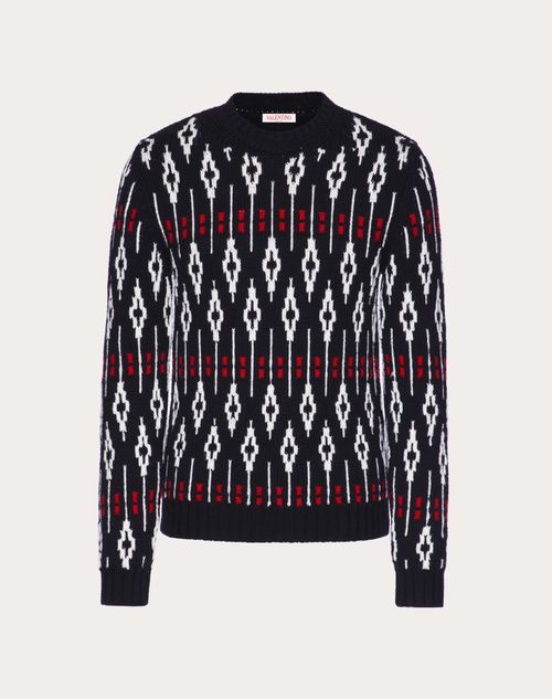 Valentino - Wool Crewneck Sweater With Geometric Motif - Black/ivory/red - Man - Knitwear