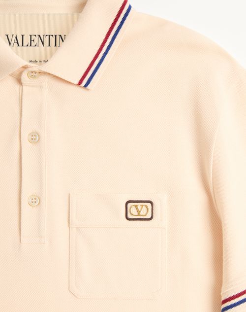 Valentino - Cotton Piqué Polo Shirt With Vlogo Patch - Cream - Man - T-shirts And Sweatshirts