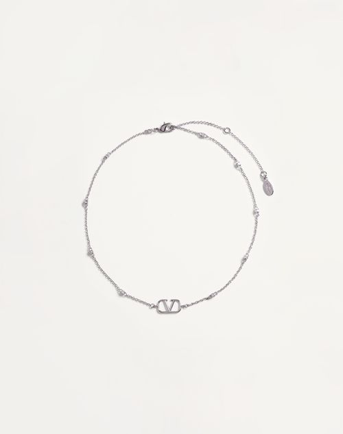 Valentino Garavani - Mini Vlogo Signature Necklace In Metal And Swarovski® Crystals - Palladium - Woman - Jewelry