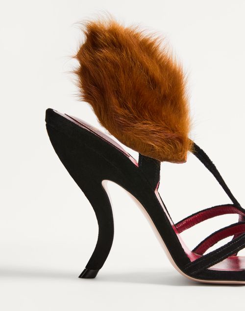 Valentino Garavani - Fetishique Velvet Sandal With Fur Leaf 105 Mm - Black - Woman - Sandals