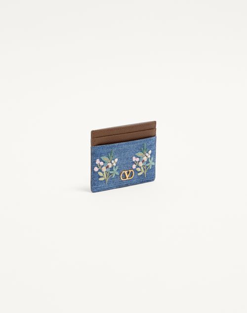 Valentino Garavani - Valentino Garavani Vlogo Signature Card Holder In Denim With Floral Embroidery - Denim - Woman - Wallets And Small Leather Goods
