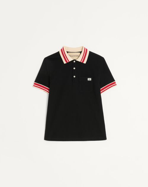 Valentino - Cotton Piqué Polo Shirt With Vlogo Patch - Black - Man - Tshirts And Sweatshirts