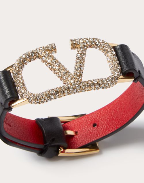 Valentino Garavani - Vlogo Signature Leather Bracelet With Swarovski® Crystals - Black/pure Red - Woman - Jewelry